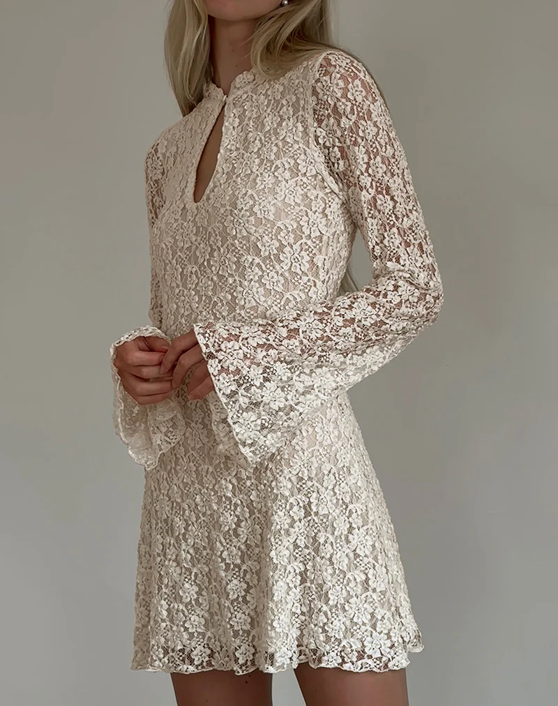 Silvanna Long Sleeve Keyhole Mini Dress in Lace Ivory - Image 5
