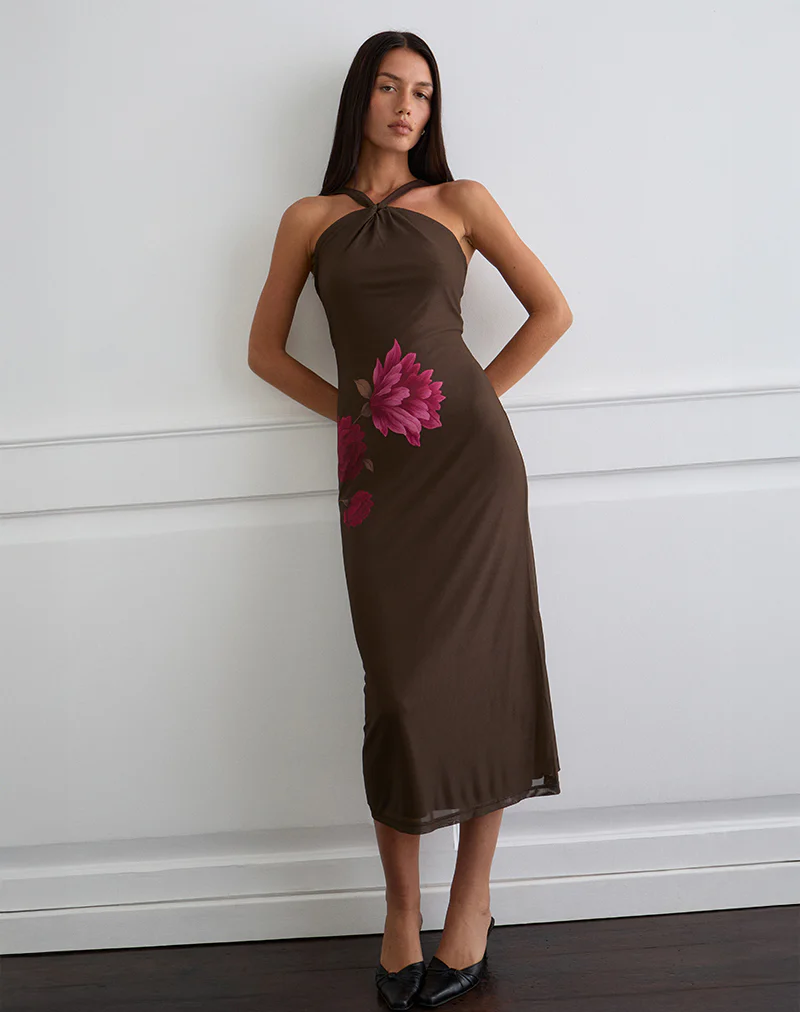 Silvra Halterneck Midi Dress in Brown with Pink Flower Print - Image 3