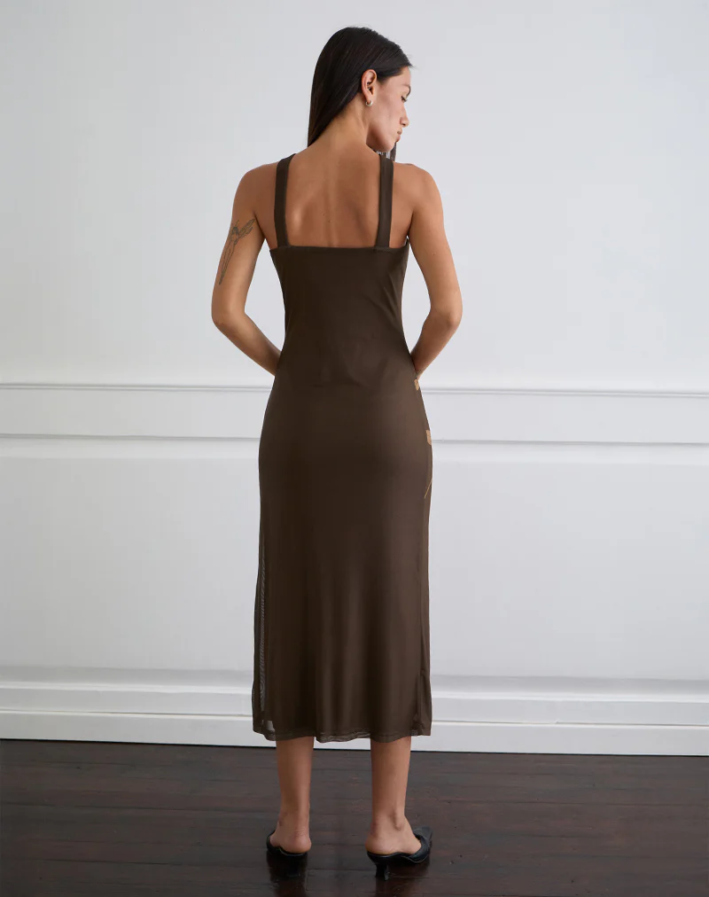 Silvra Halterneck Midi Dress in Brown with Pink Flower Print - Image 4