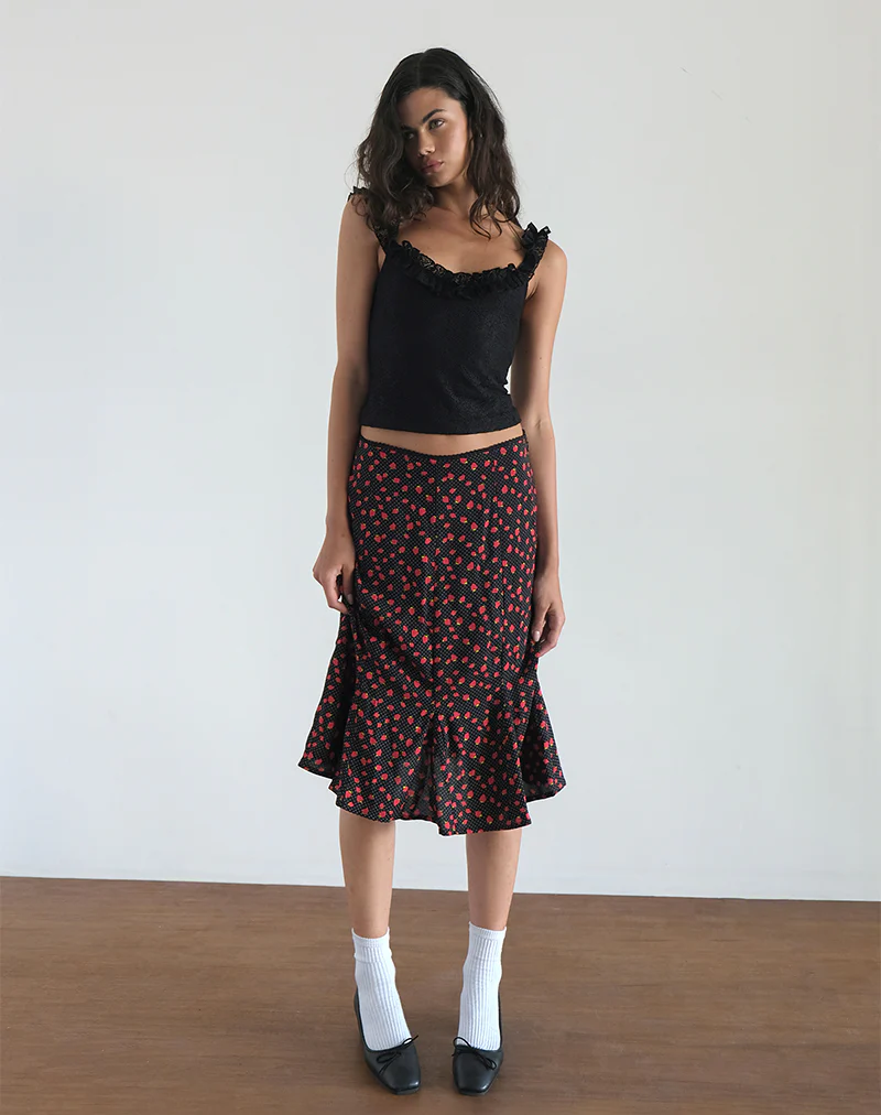 Sima Midi Skirt in Strawberry Polka Black - Image 3
