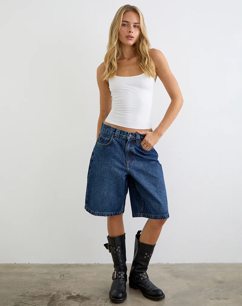Low Rise Denim Skater Short in Mid Blue Used - Image 3