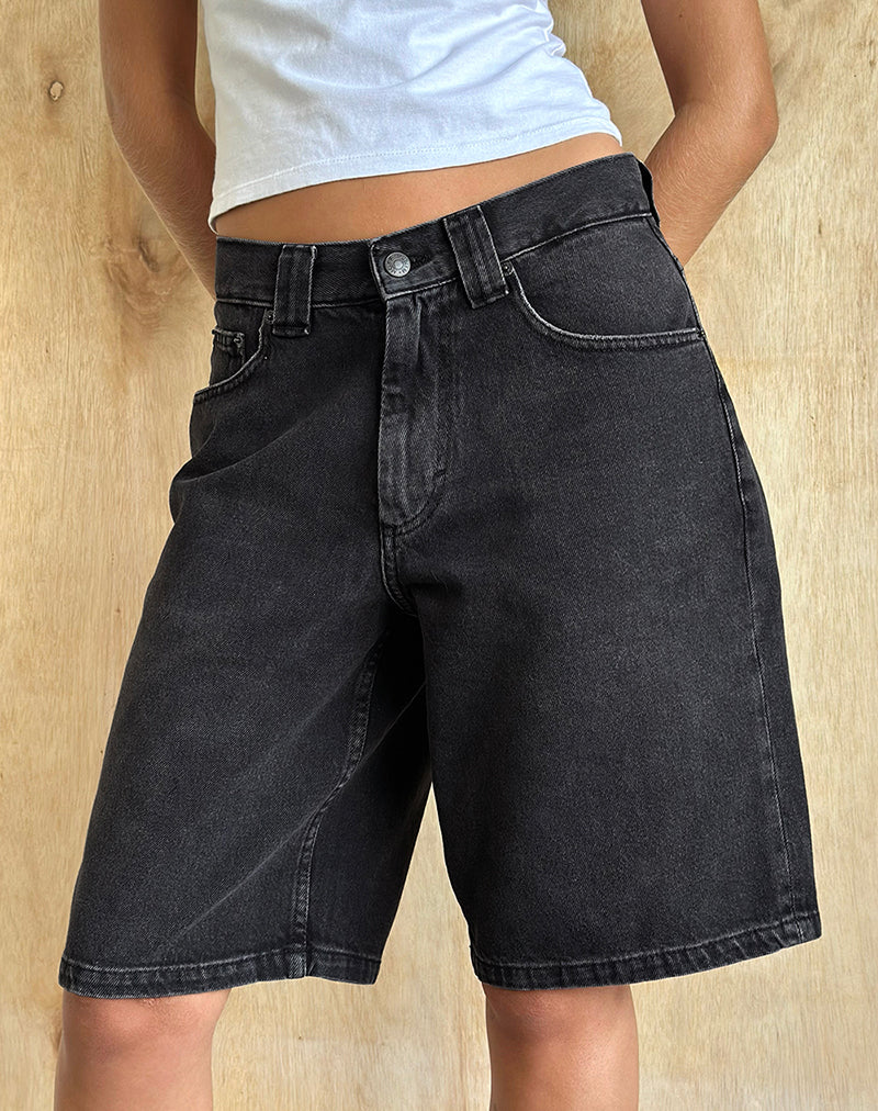 Low Rise Denim Skater Short in Washed Black Grey - Image 2