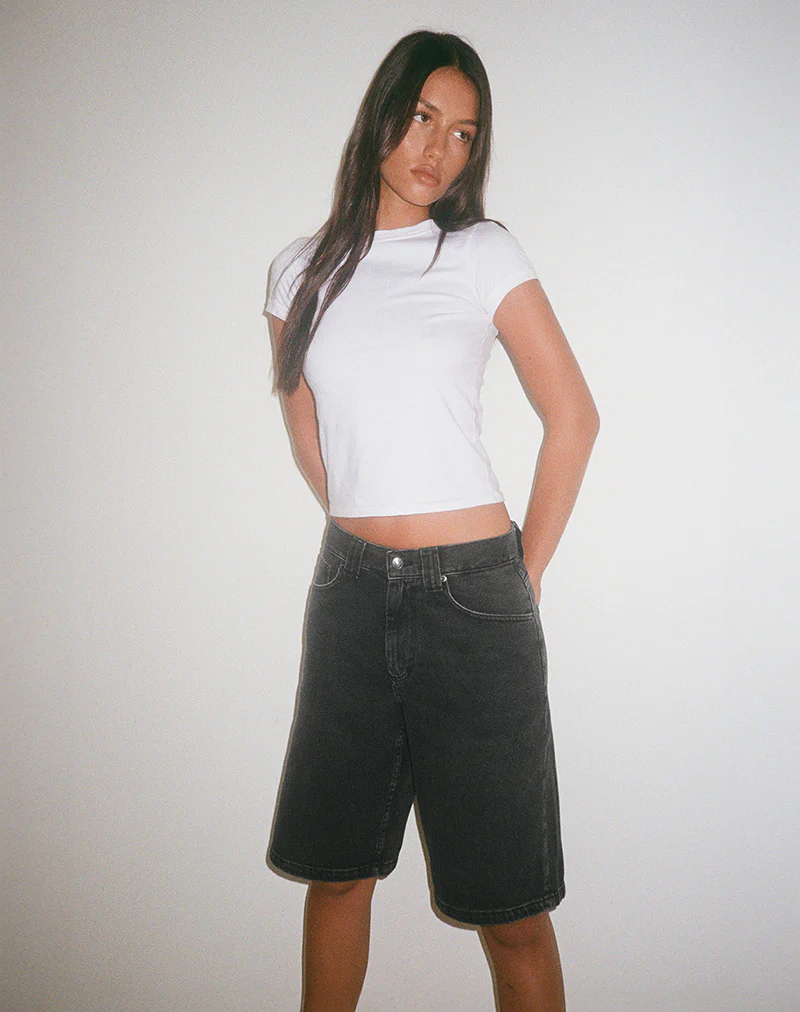 Low Rise Denim Skater Short in Washed Black Grey - Image 3
