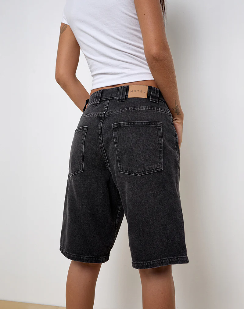 Low Rise Denim Skater Short in Washed Black Grey - Image 4