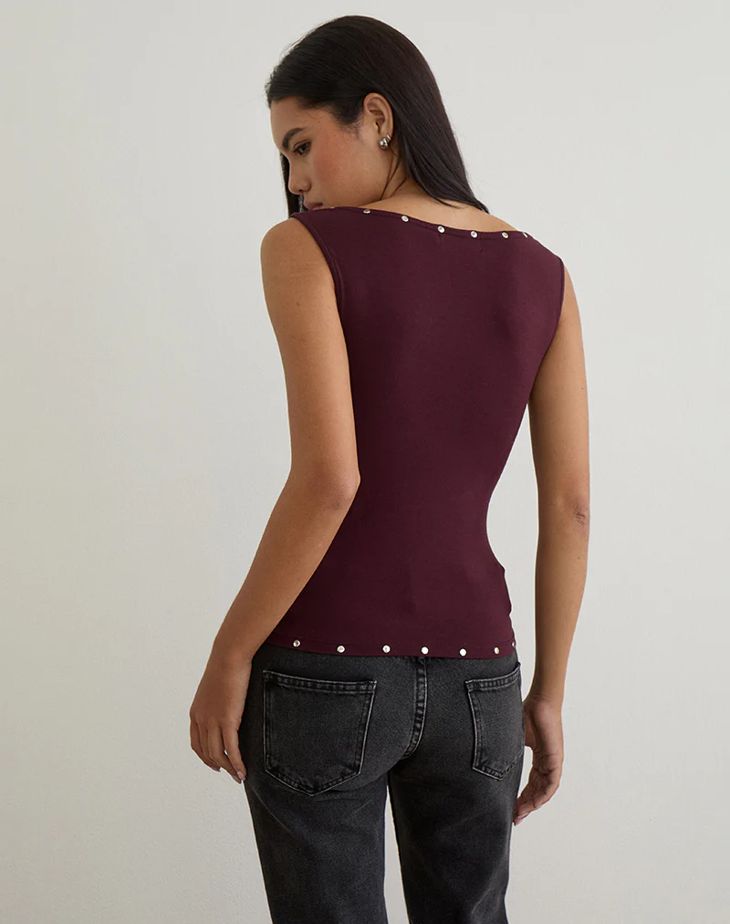 Slater Studded Top in Rayon Jersey Dark Plum - Image 5