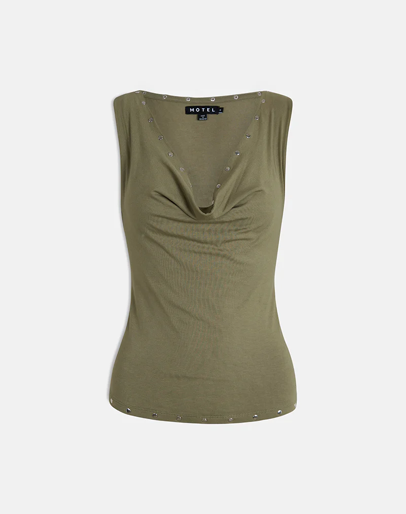 Slater Studded Top in Rayon Jersey Khaki - Image 2