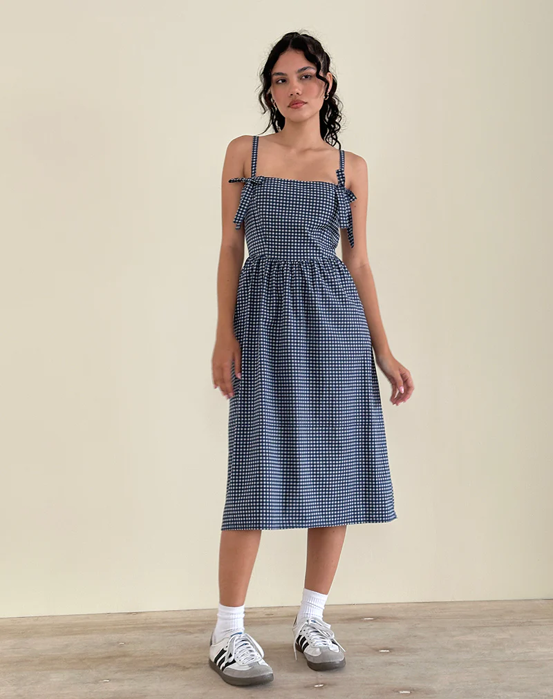 Sloane Midi Dress in Mini Dark Blue Gingham - Image 5