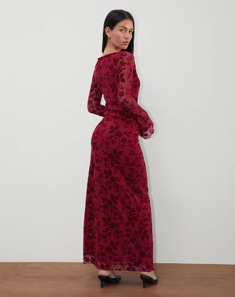 Slokya Long Sleeve Maxi Dress in Vine Floral Flock Cherry - Image 3