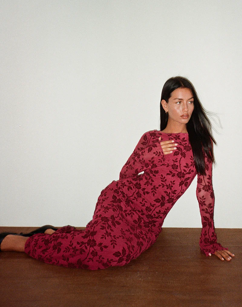 Slokya Long Sleeve Maxi Dress in Vine Floral Flock Cherry - Image 5