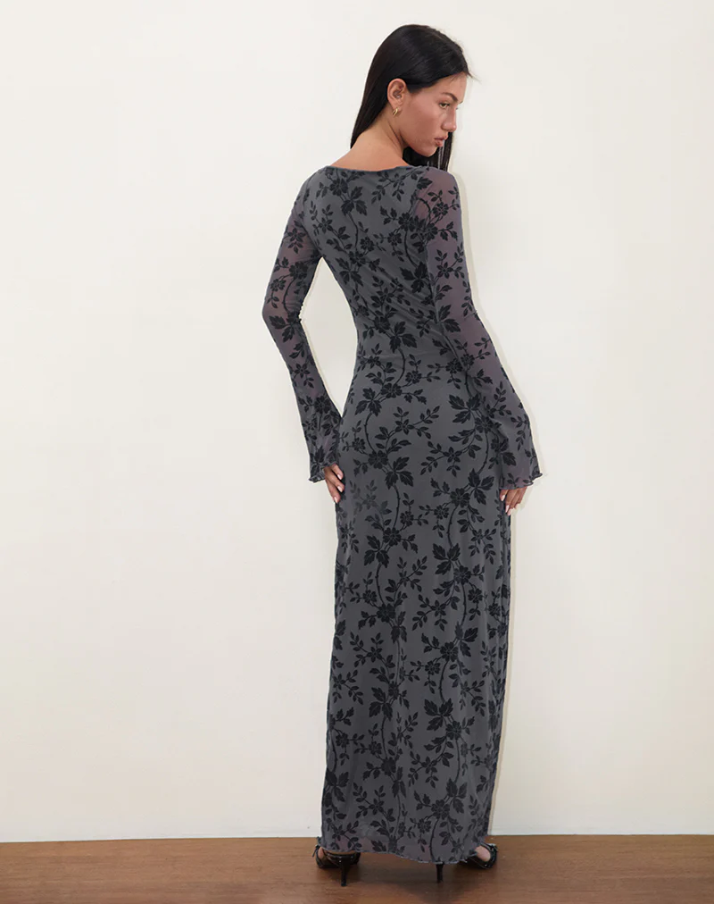 Slokya Long Sleeve Maxi Dress in Vine Floral Flock Ocean Storm - Image 3