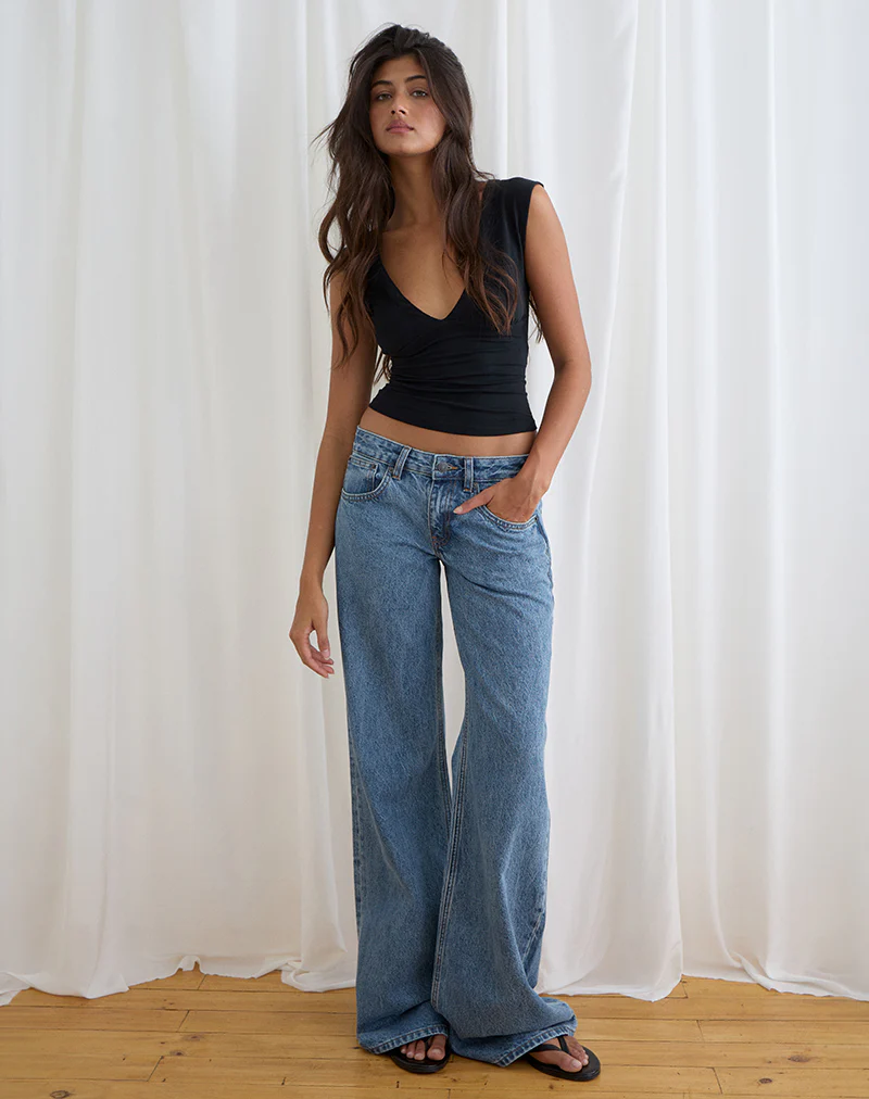 Low Rise Slouchy Flare Jeans in Blue Stone - Image 4