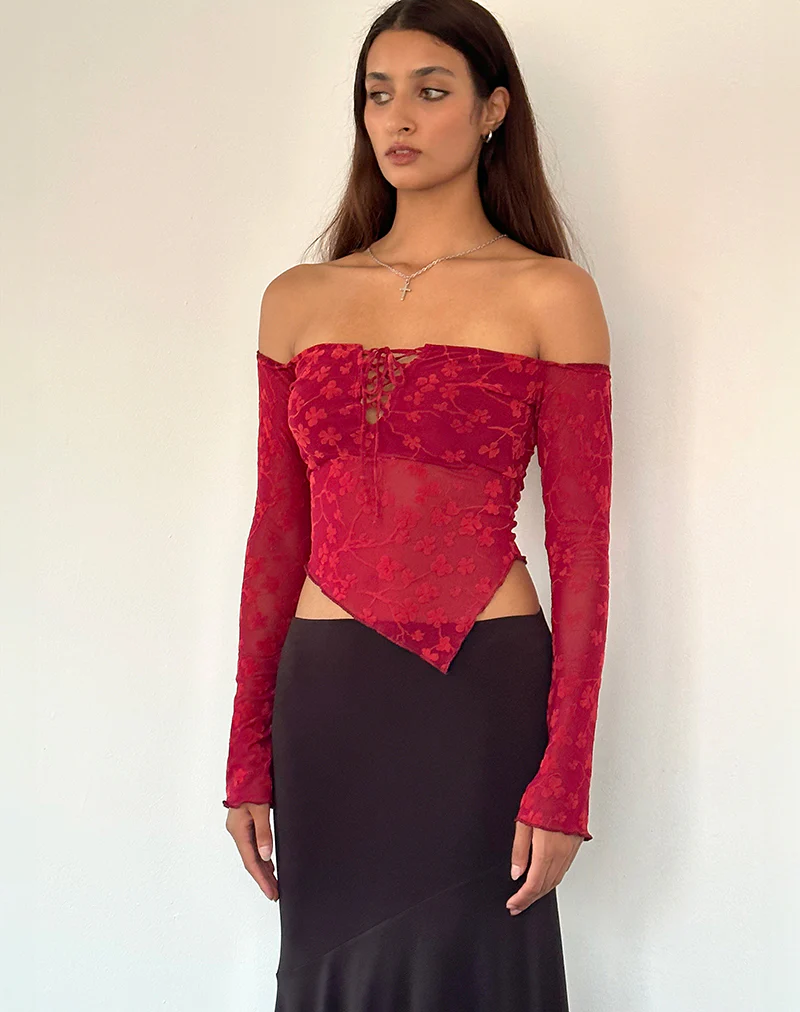 Sola Top in Grunge Floral Flock Red - Image 2