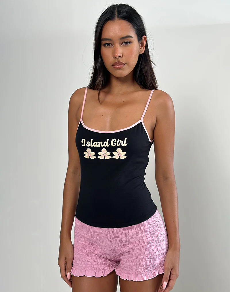 Solani Cami Top in Black with Baby Pink Binding and Island Girl Print - Image 2