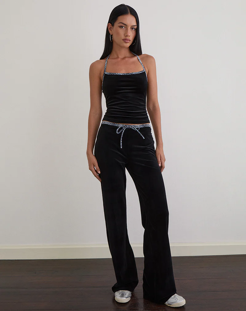 Solyn Halterneck Top in Black with Leopard Binding - Image 3