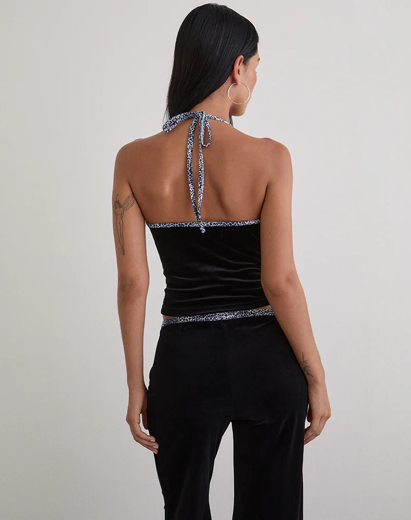 Solyn Halterneck Top in Black with Leopard Binding - Image 4