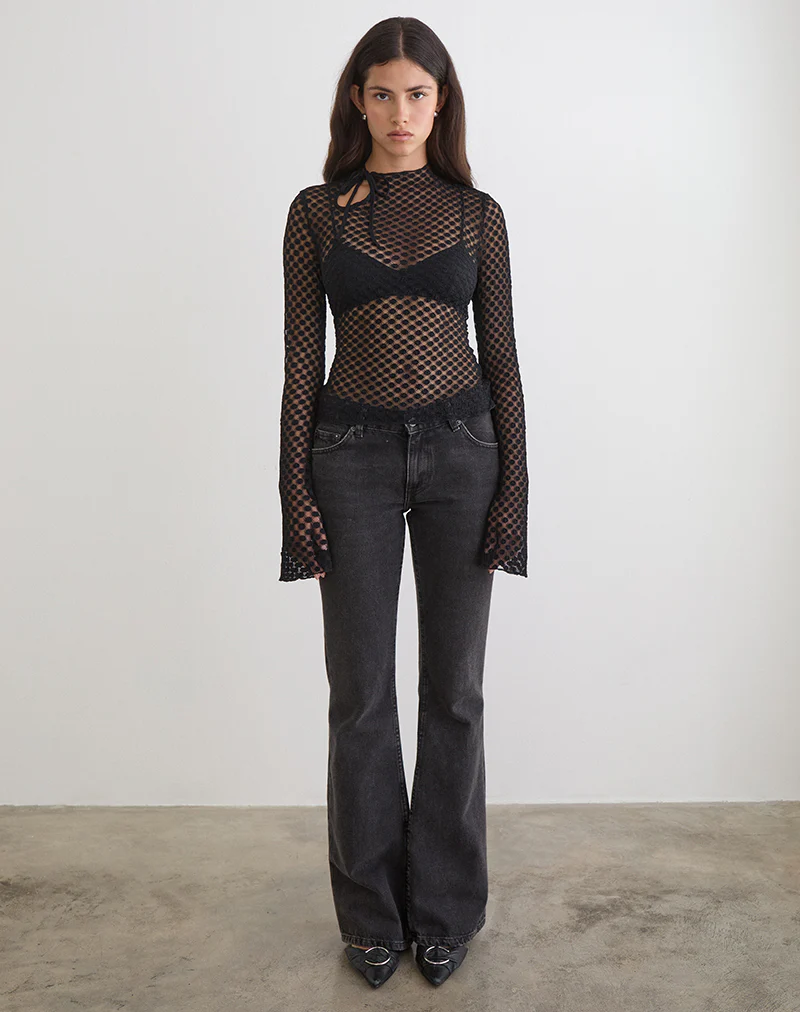 Sonam Long Sleeve Keyhole Top in Polka Lace Black - Image 2