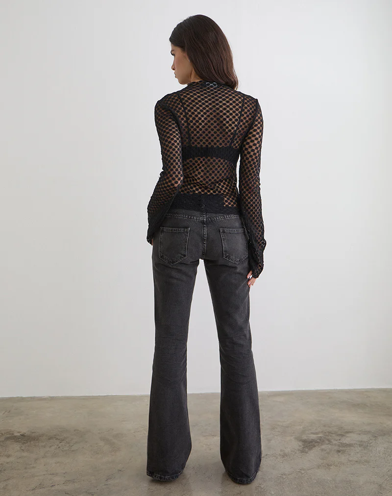 Sonam Long Sleeve Keyhole Top in Polka Lace Black - Image 5