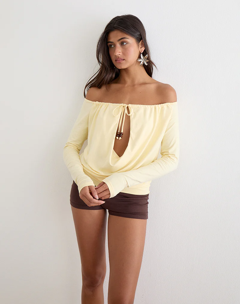 Sore Long Sleeve Cowl Top with Beads in Jersey Lemon - Image 3