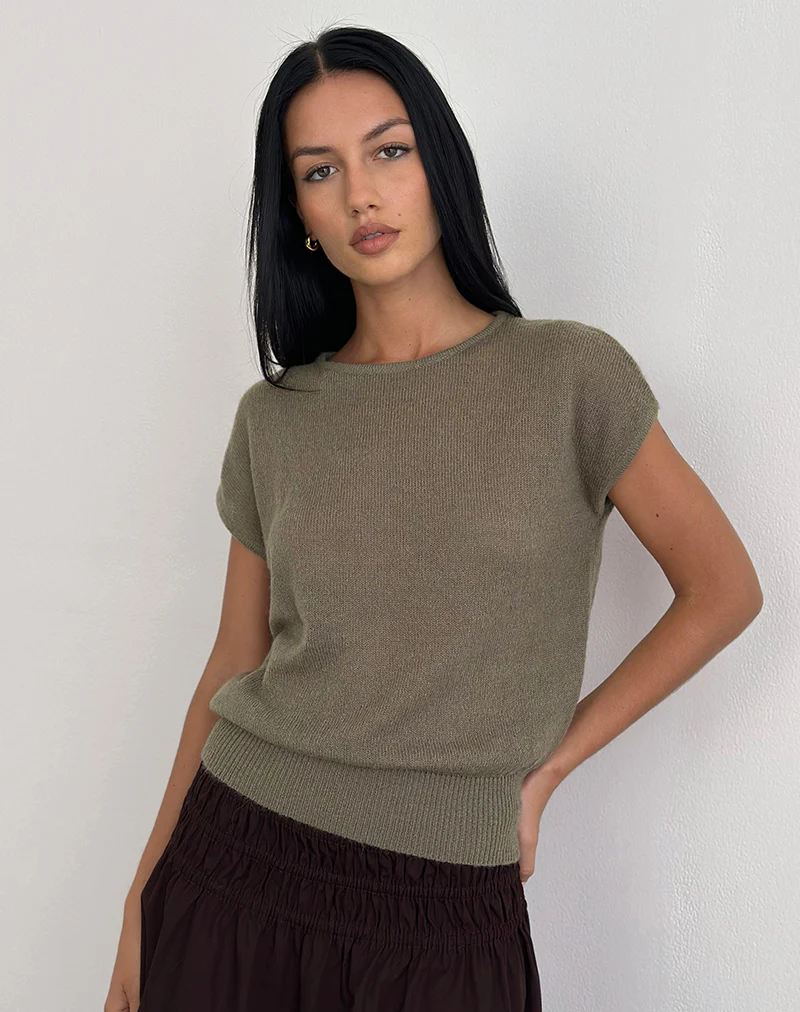 Sorin Deep Waistband Top in Knit Khaki - Image 4