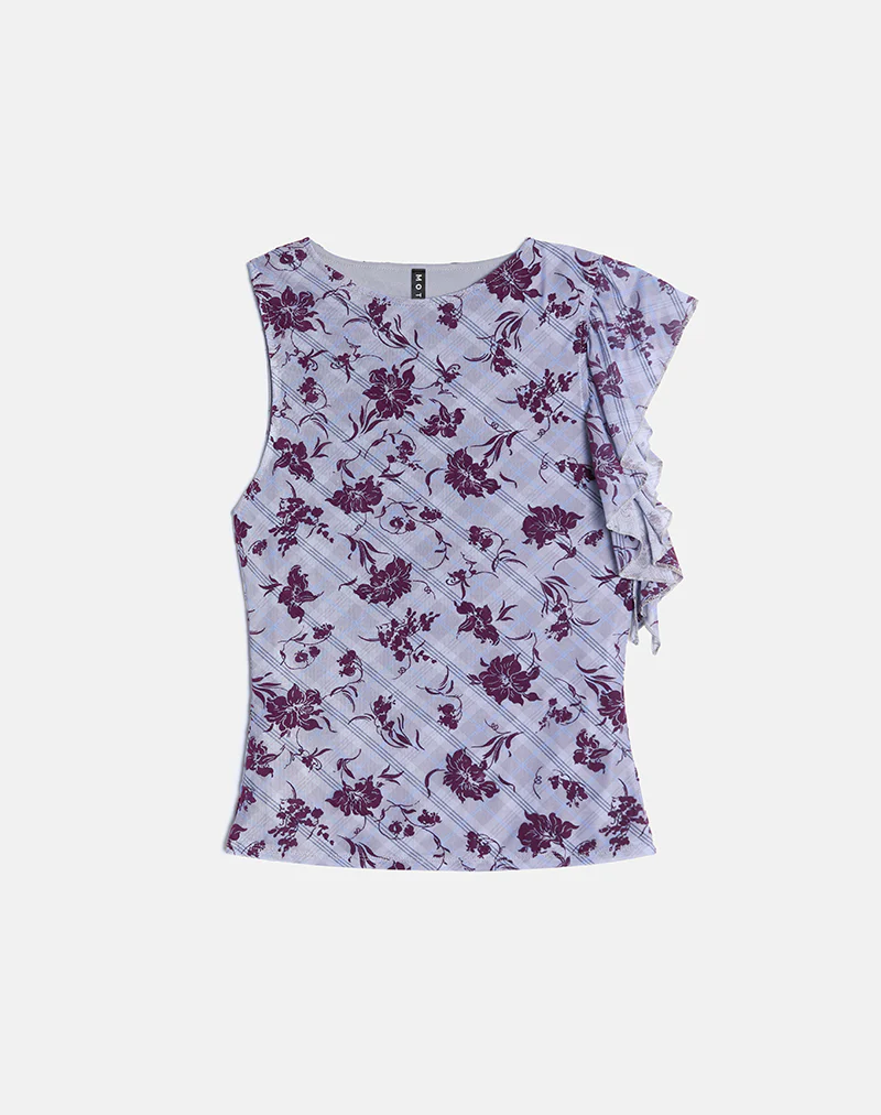 Soyan Asymmetrical Top in Lotus Flock Check Lavender - Image 2