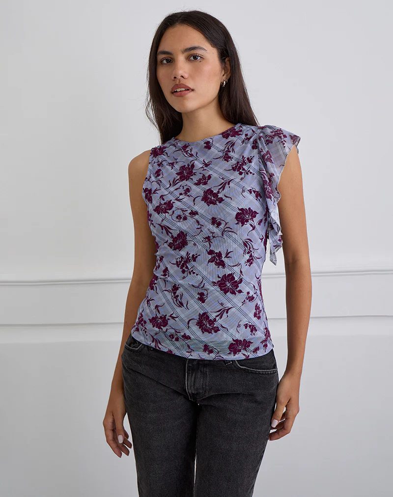 Soyan Asymmetrical Top in Lotus Flock Check Lavender - Image 4