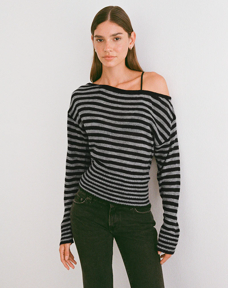 Suena Asymmetric Jumper in Stripe Black and Grey - Image 2