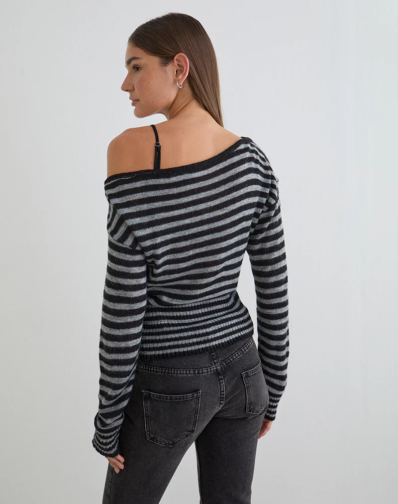 Suena Asymmetric Jumper in Stripe Black and Grey - Image 6