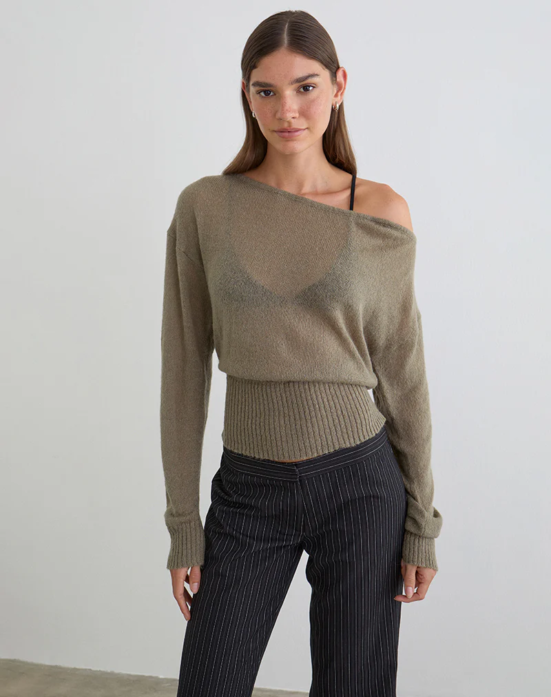 Suena Asymmetric Jumper in Knit Khaki