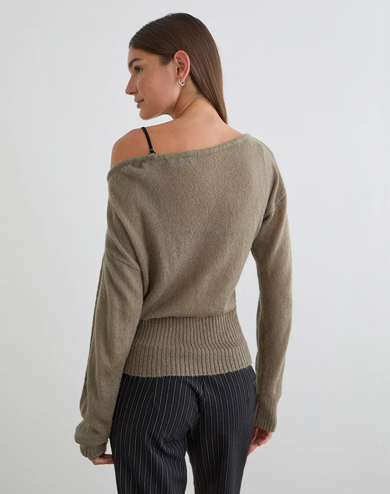 Suena Asymmetric Jumper in Knit Khaki - Image 3