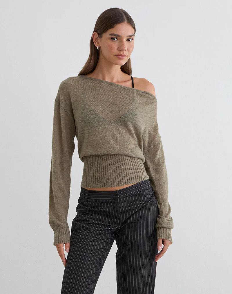 Suena Asymmetric Jumper in Knit Khaki - Image 4