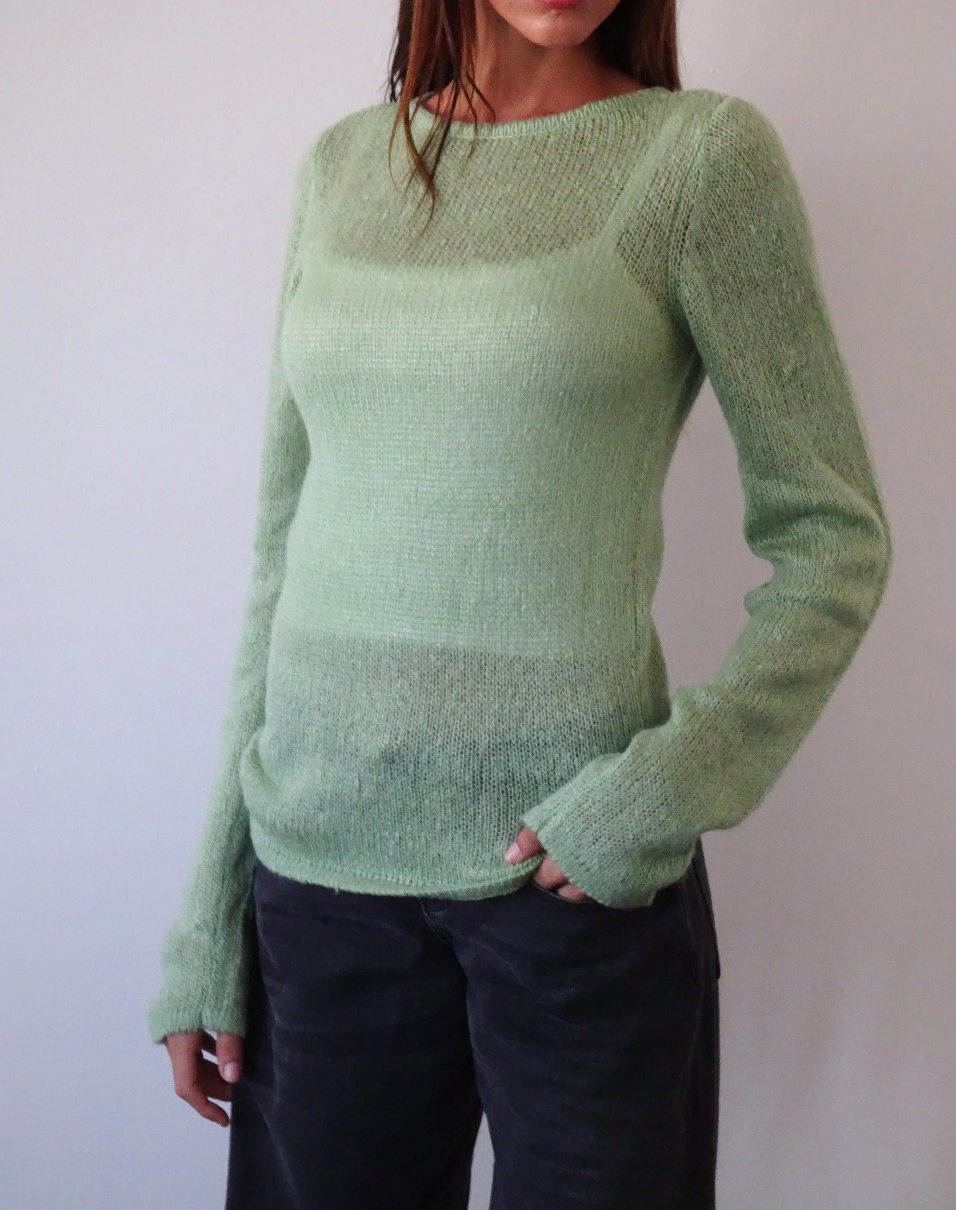 Sukana Long Sleeve Sheer-Knit Top in Light Green - Image 2