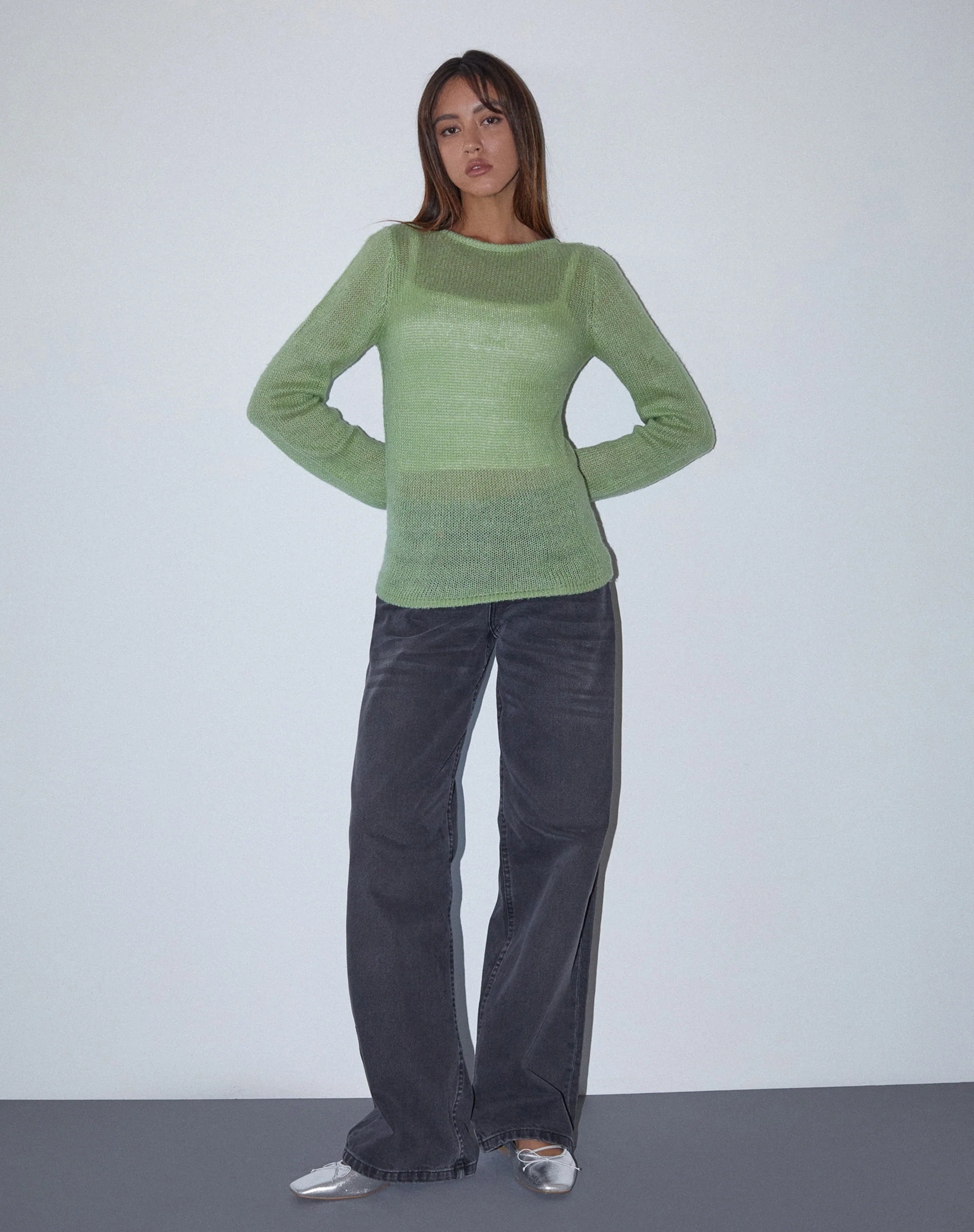 Sukana Long Sleeve Sheer-Knit Top in Light Green - Image 4