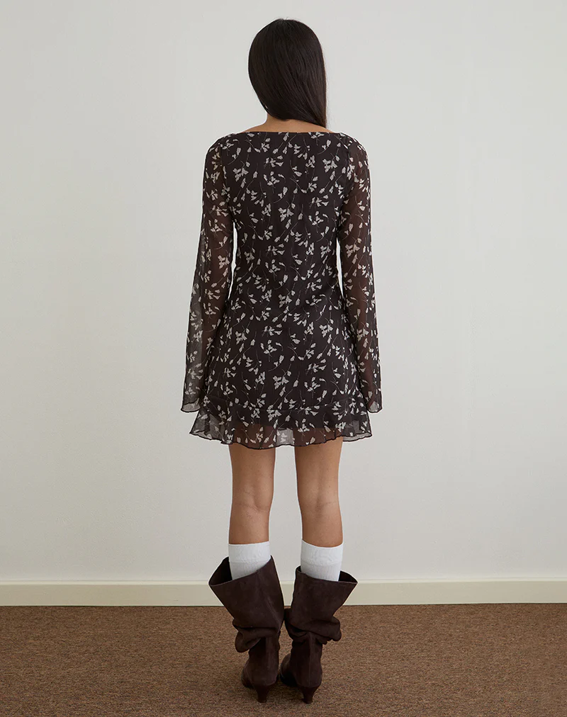 Sumiko Mini Dress in Flower Chiffon Brown - Image 4