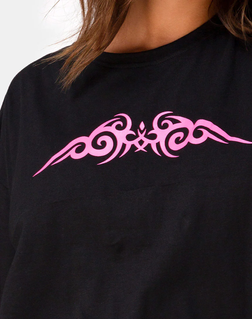 Sunny Kiss Oversize Tee in Black with Pink Tribal - Image 5