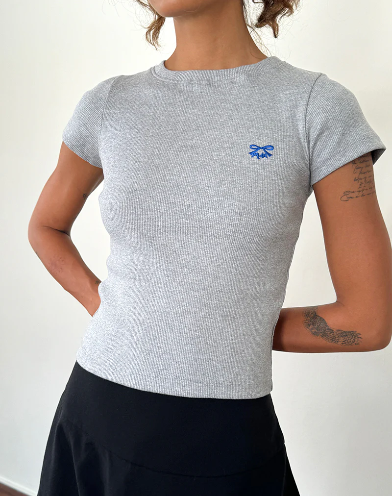 Suti Tee in Grey Marl with Cobalt Blue Bow Embroidery - Image 3