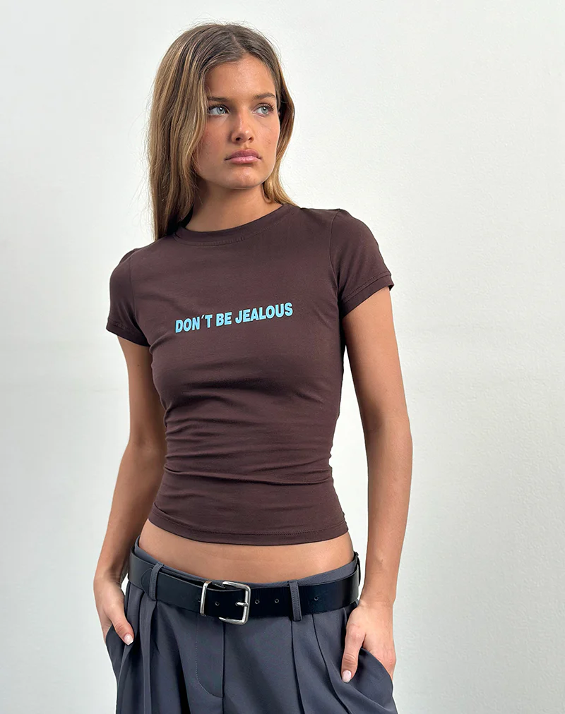 Sutin Baby Tee in Deep Mahogany with Don't Be Jealous Slogan - Image 2