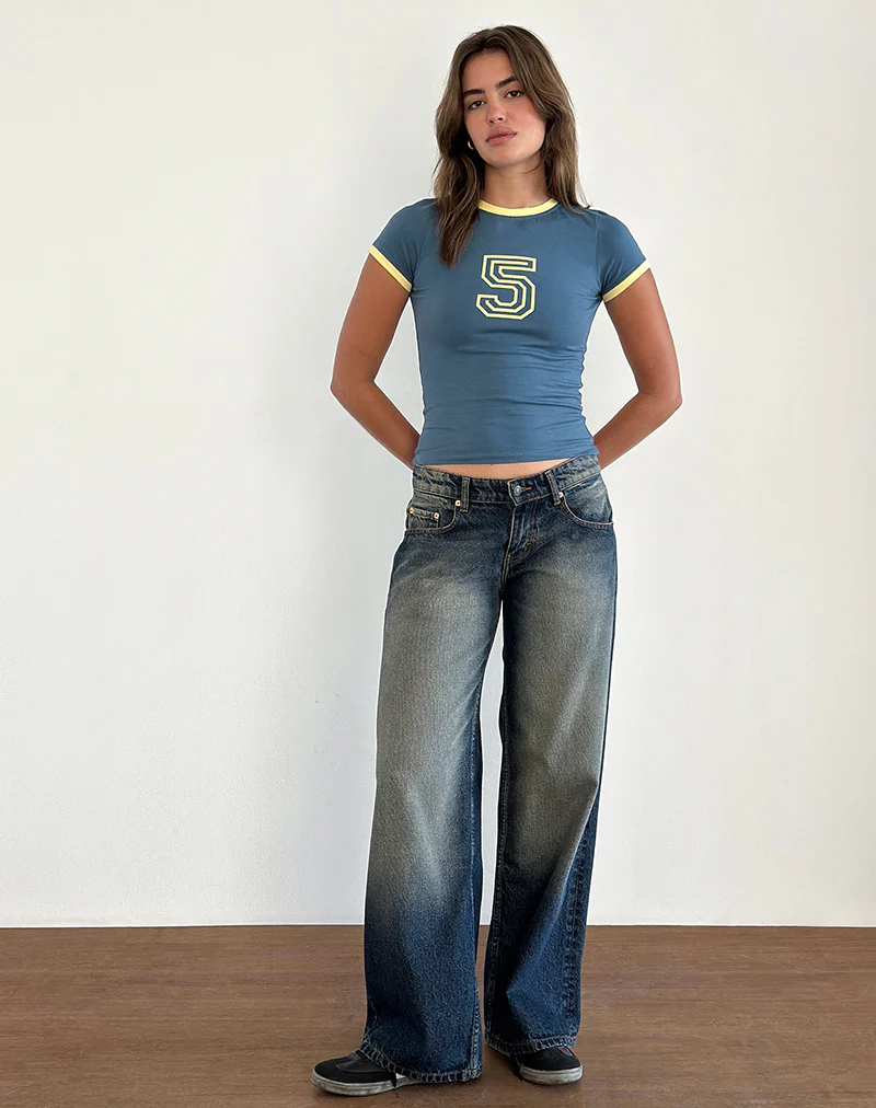 Sutin Tee in Blue with 5 Emblem and Yellow Lemonade Binding - Image 2