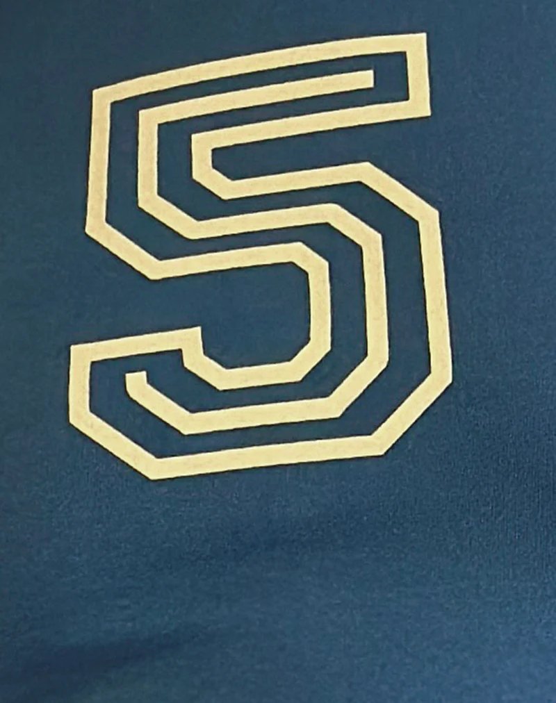 Sutin Tee in Blue with 5 Emblem and Yellow Lemonade Binding - Image 6