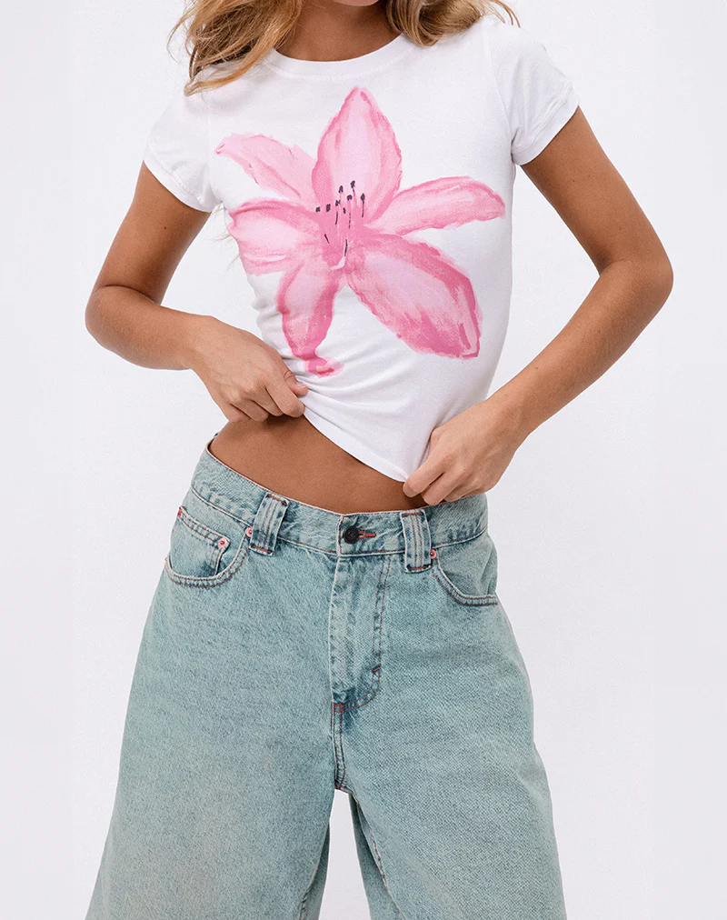Sutin Tee in White with Painted Flower Pink - Image 3