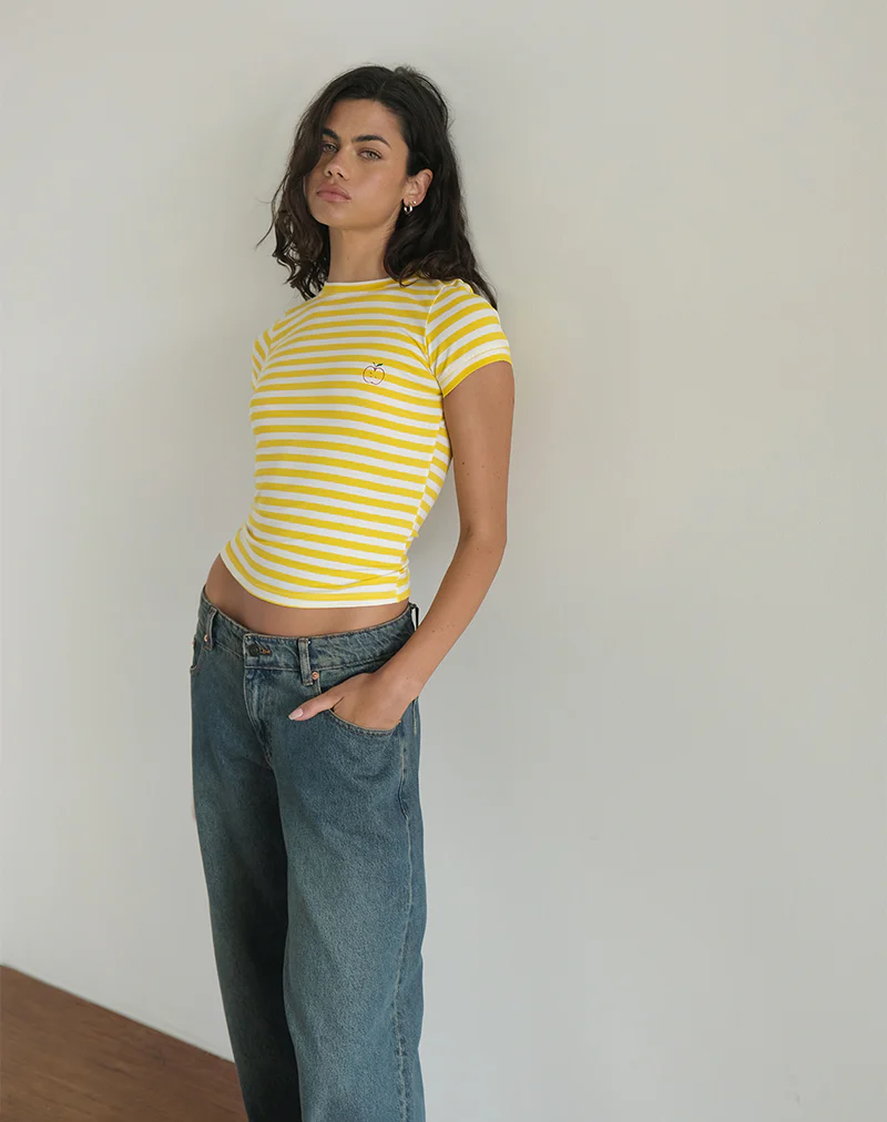 Sutin Tee in Yellow with White Stripe Apple Print - Image 4