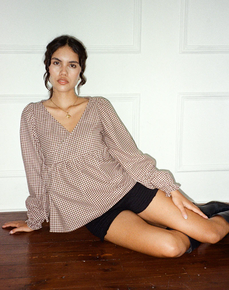 Suzumi Wrap Blouse in Mini Gingham Brown - Image 5