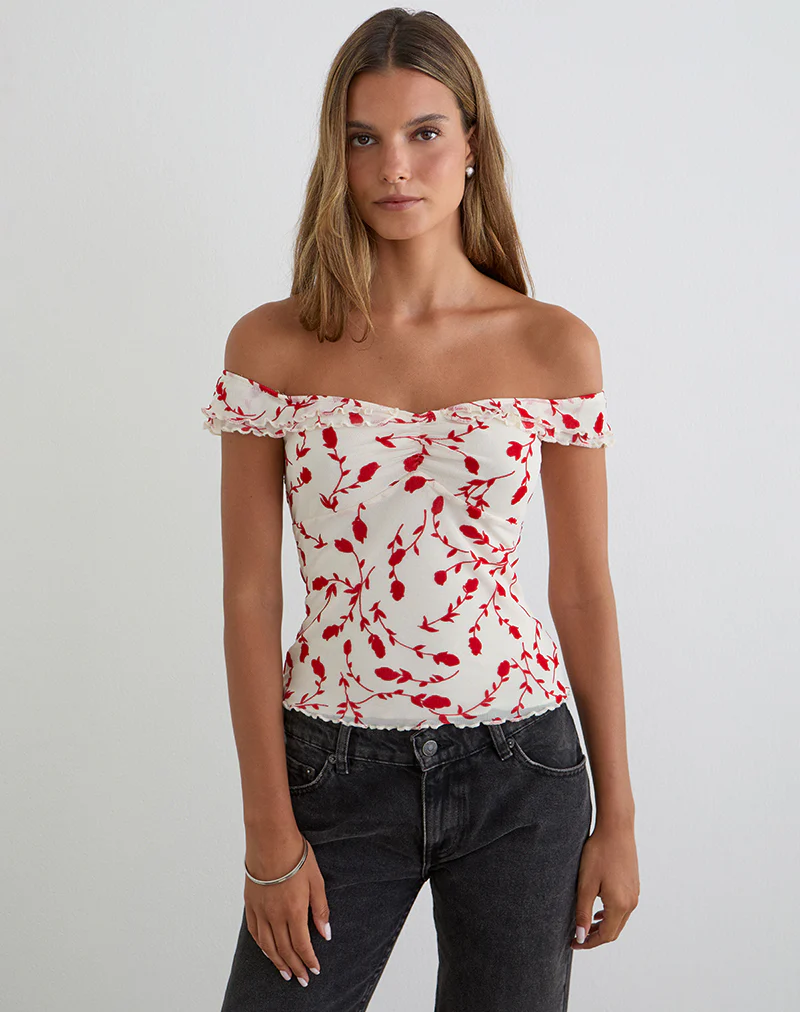 Switi Bardot Top in Cream with Red Leafy Lily Flock - Image 5
