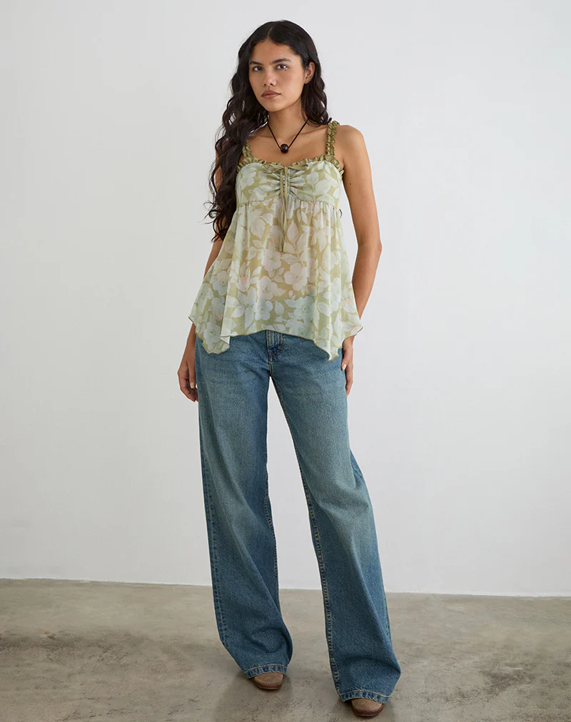 Sylva Asymmetric Hem Cami Top in Pale Flower Green - Image 3