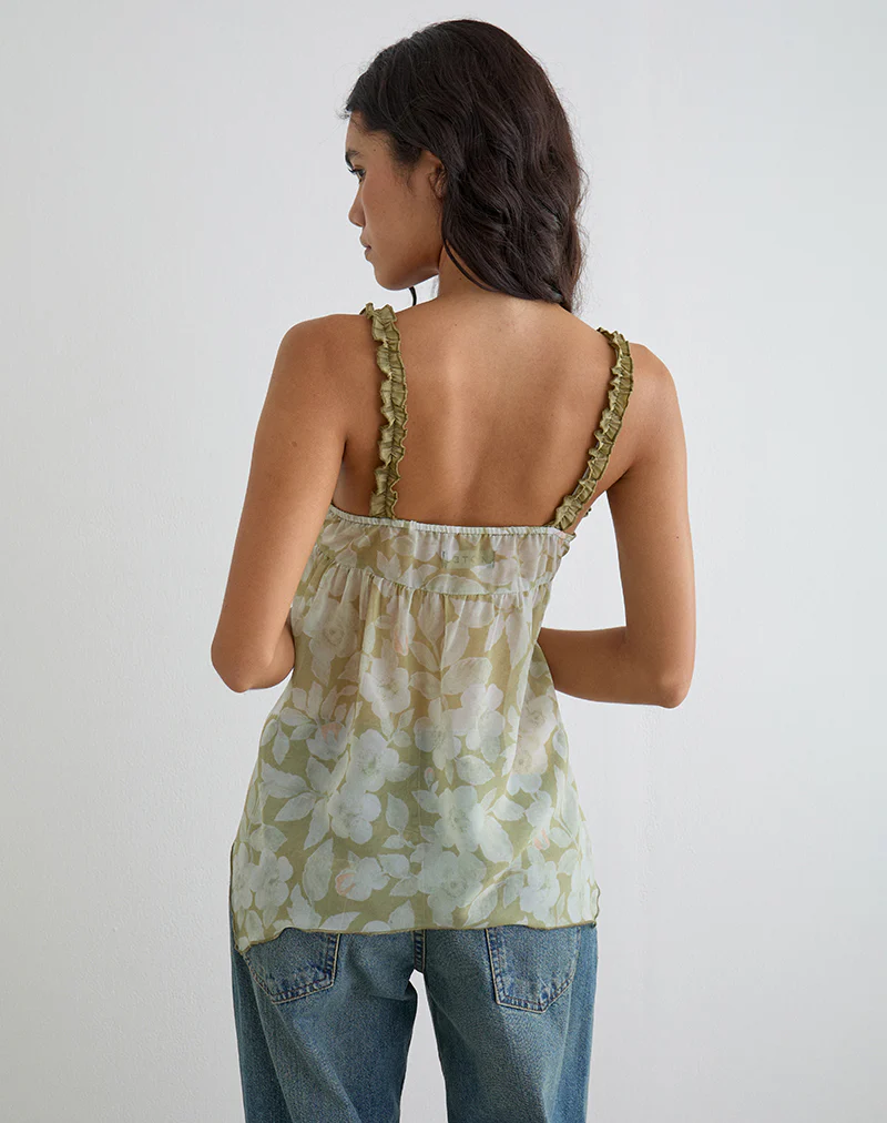 Sylva Asymmetric Hem Cami Top in Pale Flower Green - Image 4