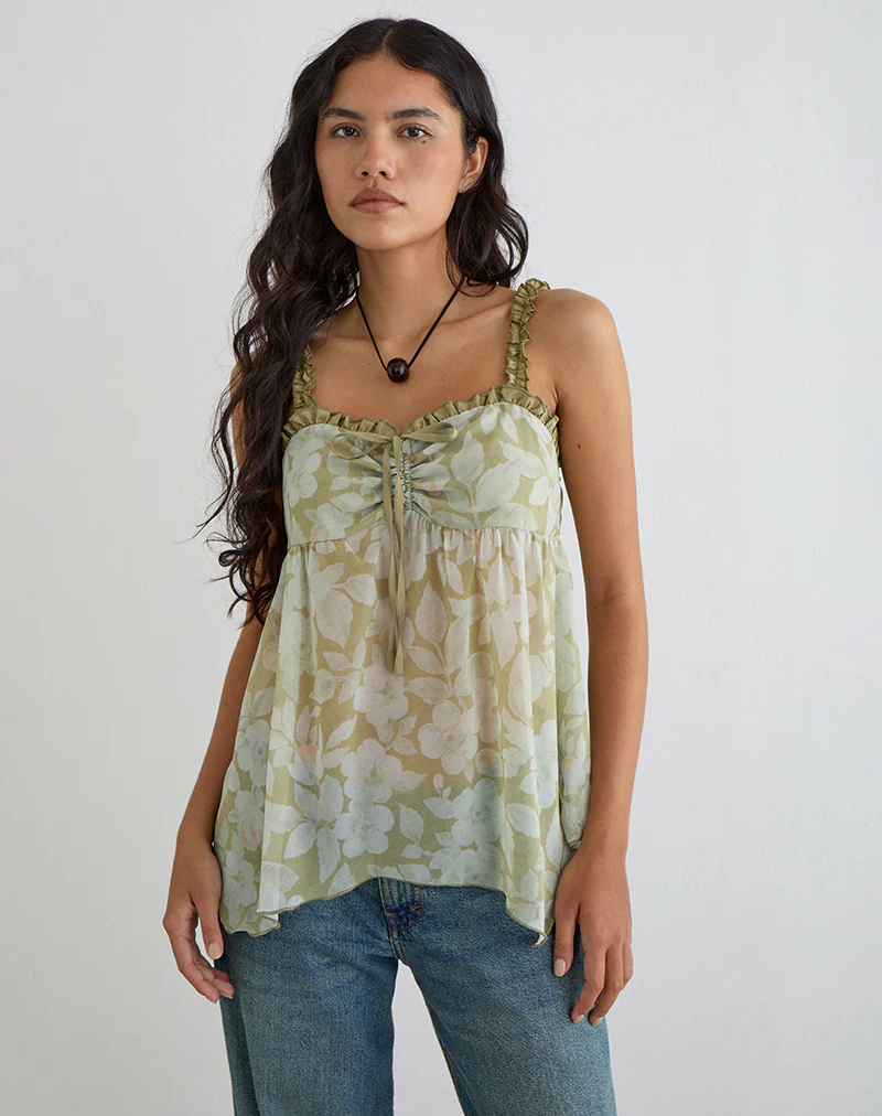 Sylva Asymmetric Hem Cami Top in Pale Flower Green - Image 5