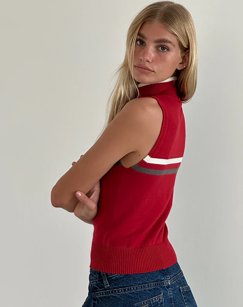 Tabeya Sleeveless Knit Jacket in Red - Image 3