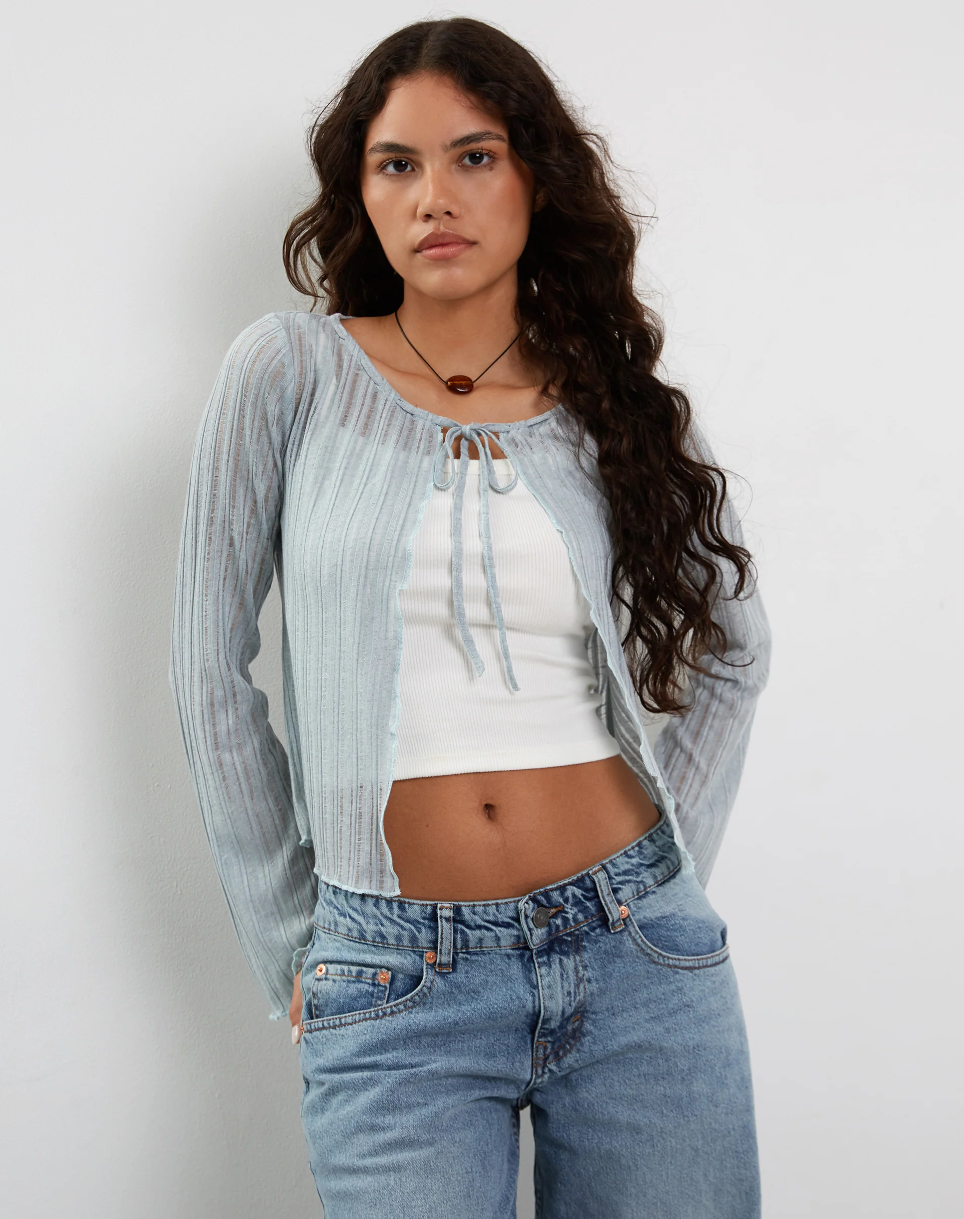 Tabitha Tie Front Cardigan in Powder Blue - Image 3