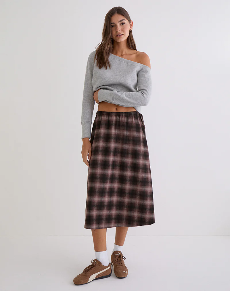 Taka Midi Skirt in Pink and Brown Check