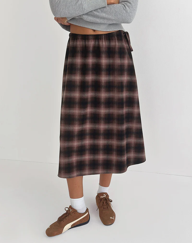 Taka Midi Skirt in Pink and Brown Check - Image 2