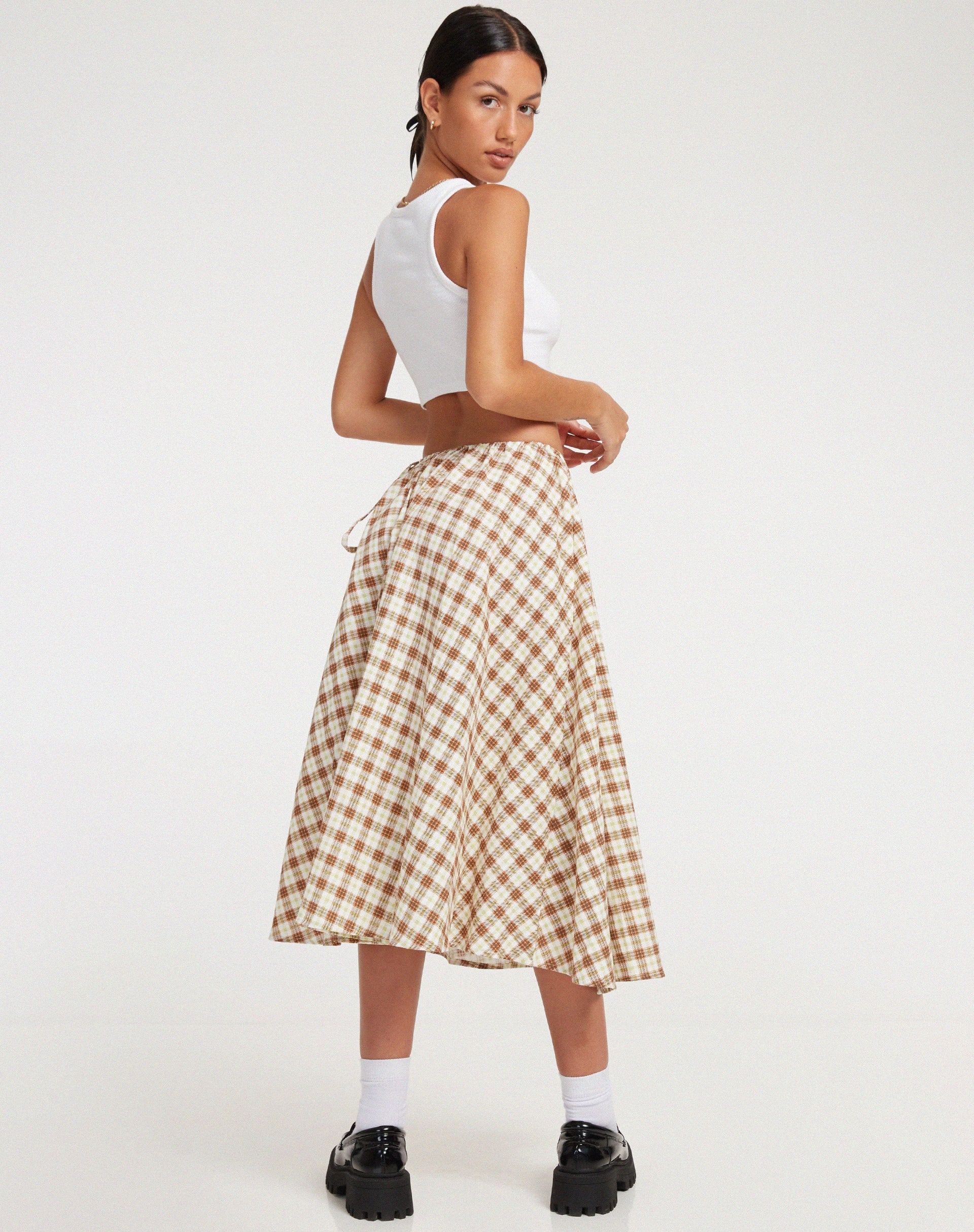 Takara Midi Skirt in Yellow and Brown Check - Image 2